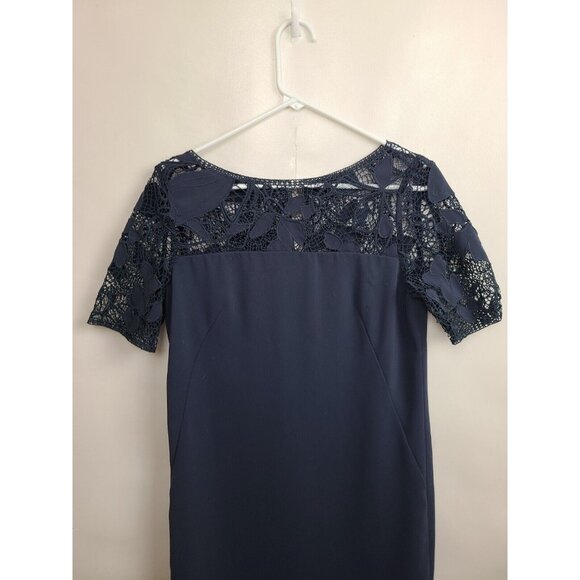 Ann Taylor Womens Shift Dress Size 4 Navy Lace Illusion Short Sleeve Minimalist - Picture 2 of 8